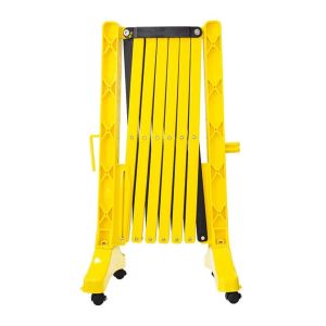 3.5 meter expandable barrier with 4 wheels and foldable design. Yellow and black. Can be interlocked with other barricades of the same model