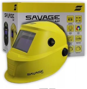 ESAB 0700000491 SAVAGE A40 Yellow Auto-Darkening Welding Helmet, External Shade Adjustment, Four Arc Sensor Auto Darkening, 3.93" x 1.96" True Color Viewing Lens, Sensitivity/Delay Control