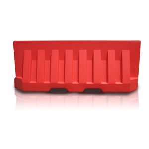 Safety barricade designed to be filled with water or sand to increase its weight, can be interlocked with other barricades of the same model. Comes in red or white